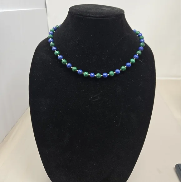 Vintage Lapis Lazuli Round Beaded Womens Necklace Gold Coated Silver Clasp - Picture 2 of 9